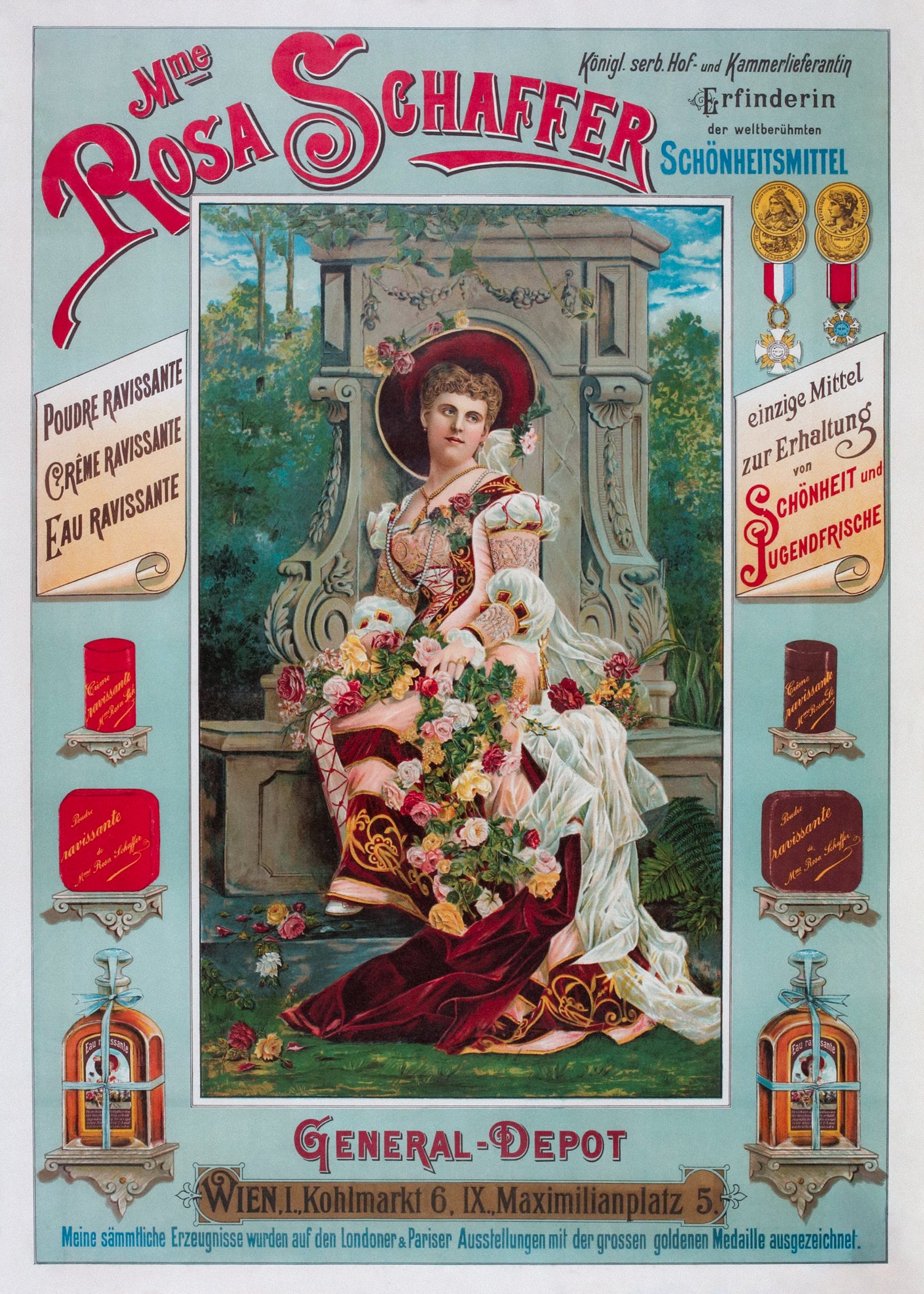 Rosa Schaffer Ravissante Schönheitsmittel — historische Werbung um 1900 mit goldener Medaille London und Paris